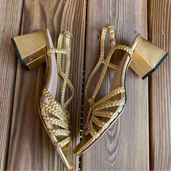 J Crew Shoes 9 Layne Braided Sandal Heels Metallic Leather Gold - Picture 6 of 11